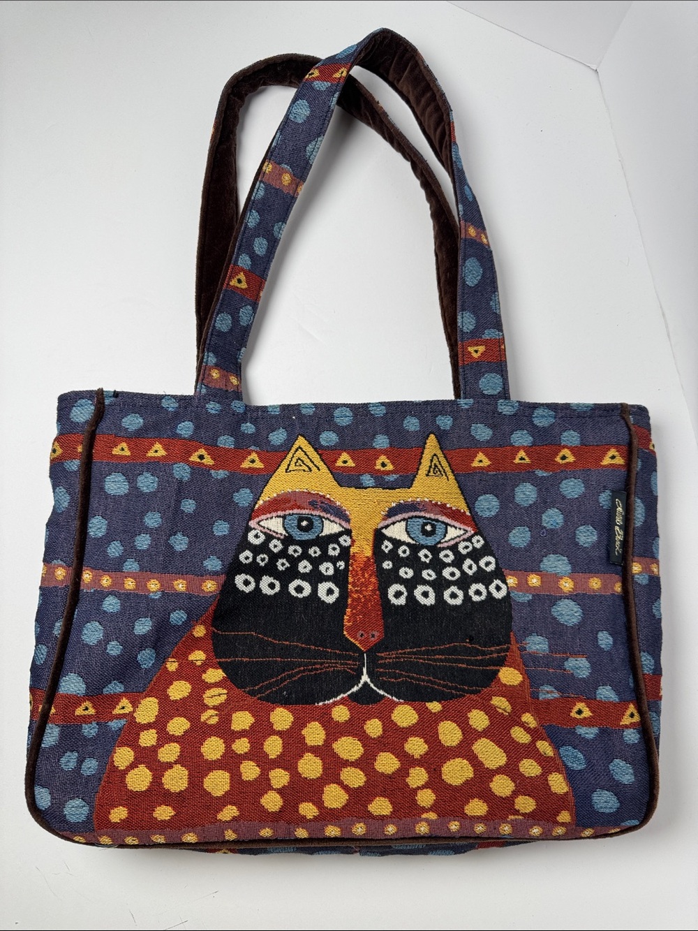 LAUREL BURCH Cat Tapestry Tote Bag Multicolor Brown Velvet Straps Zipper Closure